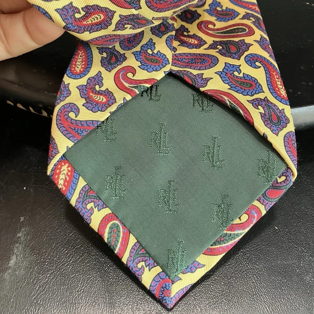 Lauren Ralph Lauren Handmade Silk Necktie Gold Blue Red Paisley Classic Vintage